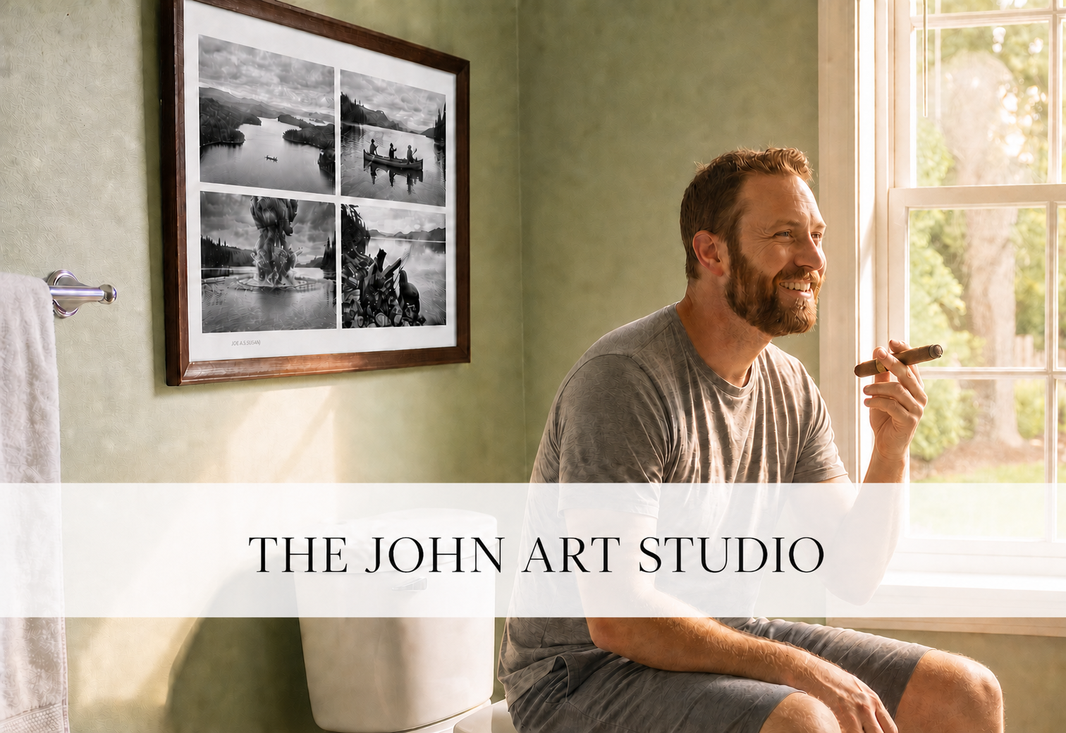 The John Art Studio bathroom hero with framed art and elegant branding